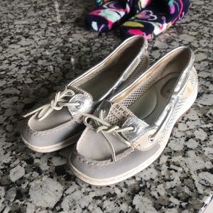 Grey and silver sperrys.